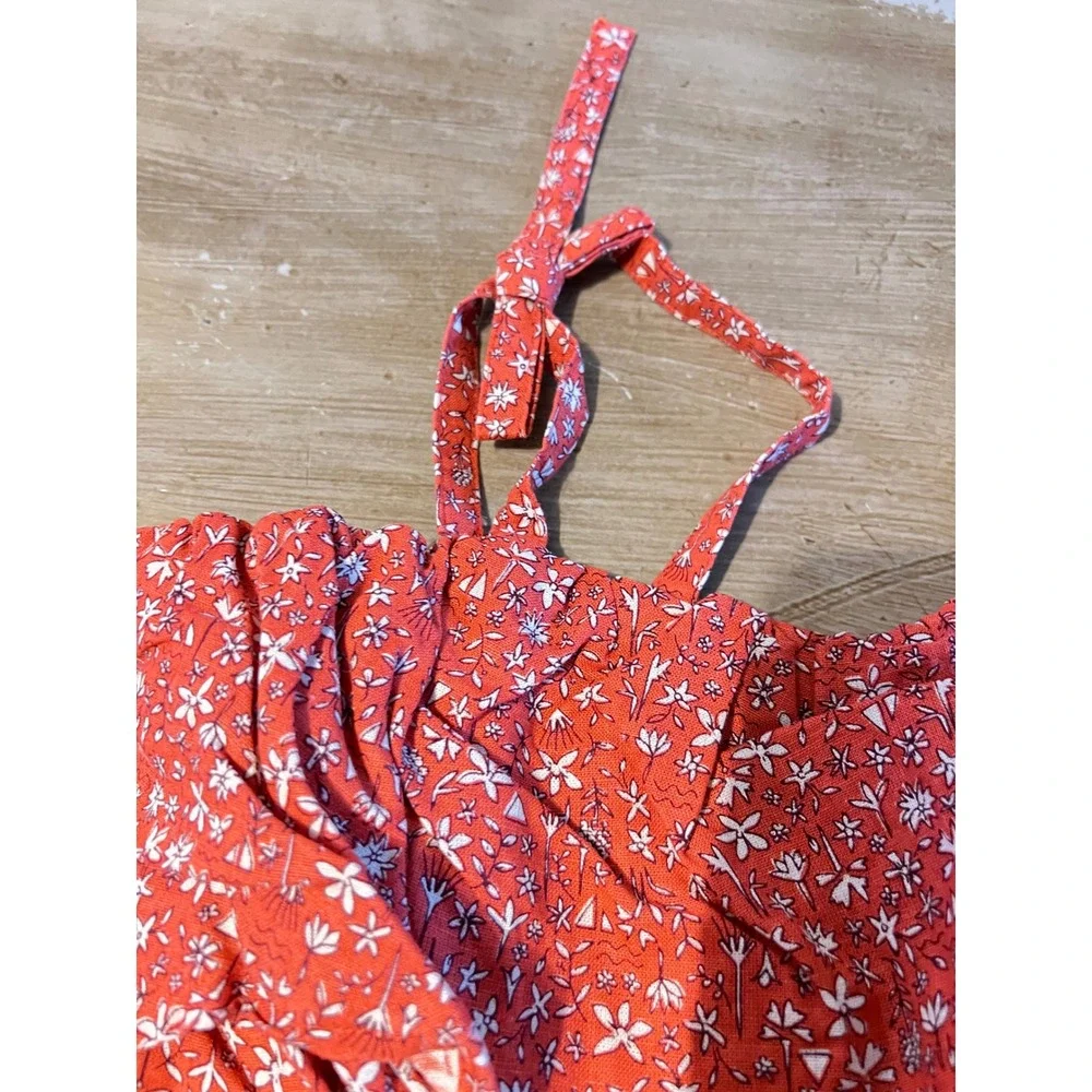 NEW Tea Collection Girls 16 Red Floral Tie‎ Shoulder Ruffle Romper Linen/Cotton